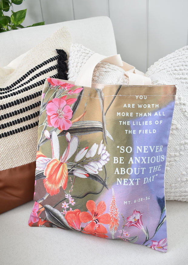 Lilies, Never Be Anxious Tote