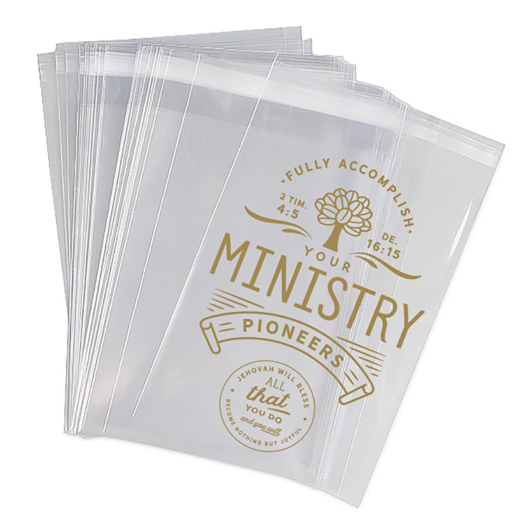 "Fully Accomplish Your Ministry" gold lettering, clear gift bags for pioneers 